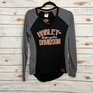 Harley Davidson Gray Black Embroidered Graphic Baseball Tee T-shirt